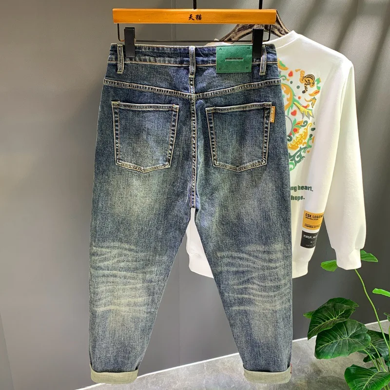 Jeans azul retrô de rua alta masculino, calça harém amarrada no tornozelo, calça papai combinando com tudo, solta, na moda, primavera e outono