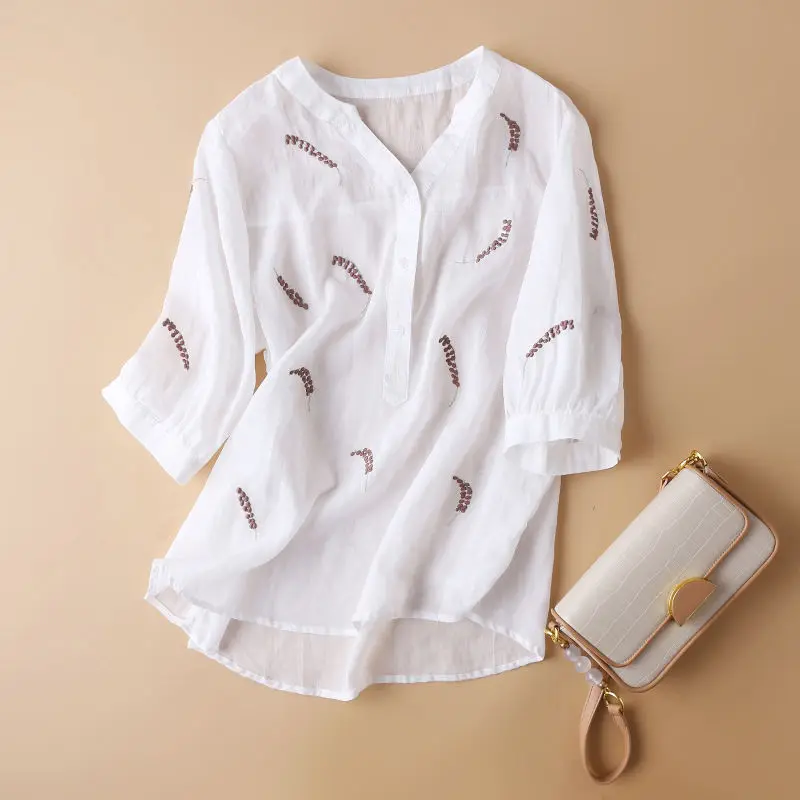 Camicetta senza maniche in lino di cotone Donna Estate Nuovo pullover ampio con stampa