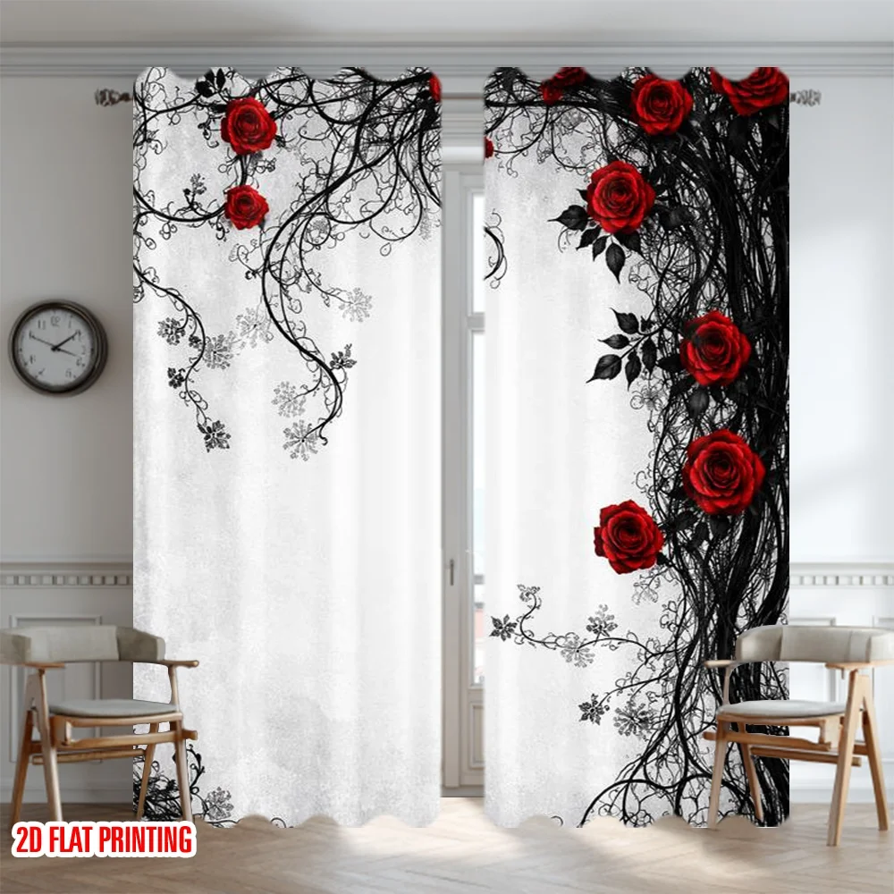 2D flat printing 2pcs Curtain Curtains Valentine's Red Roses Design Digital Printed Polyester Drapes Holiday Decorations for