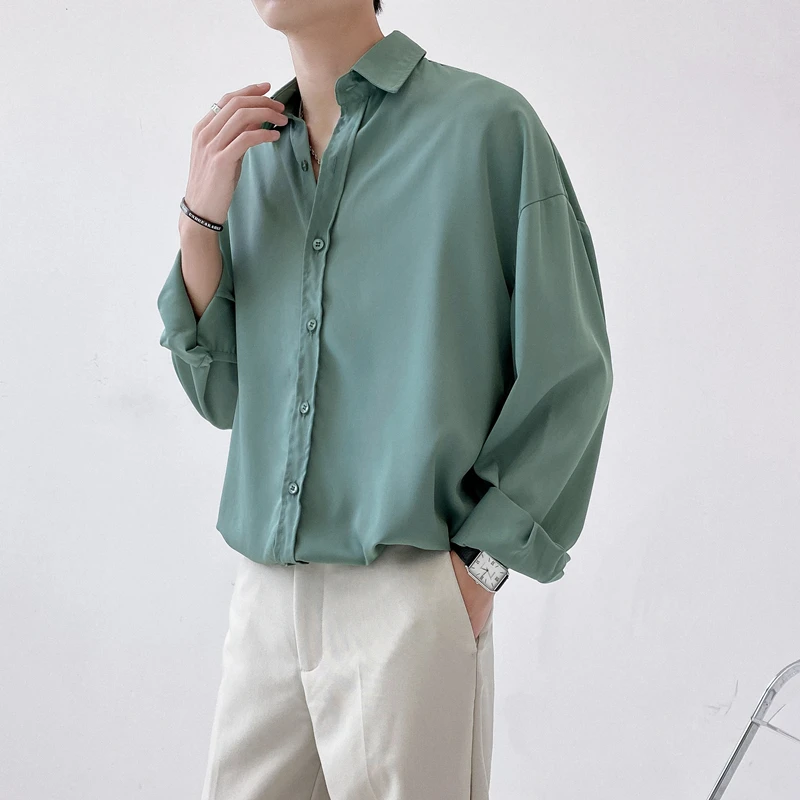 Men Long Sleeve Shirt Luxury Tops Sexy Clothing Spring Autumn Casual Single-breasted Office Business Work Green Ice ilk Blouse