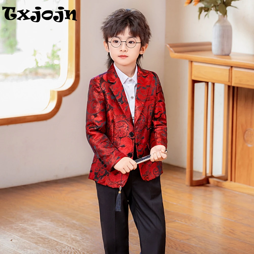 

Txjojn New Exquisite Jacquard Suit Set 3 Pieces Wedding Ring Bearer Outfit Notched Lapel Kids Slim Fit Suits Peformance Wear