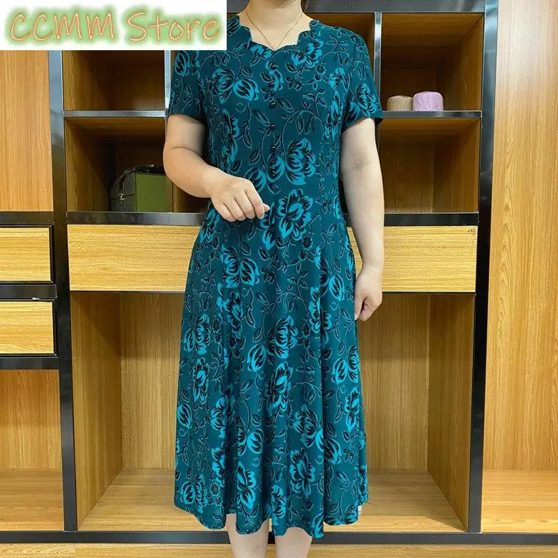 

Fashion Vintage Floral Printed Dresses Casual V-Neck Women's Clothing A-Line Waist Summer Short Sleeve Spliced Button Midi Dress