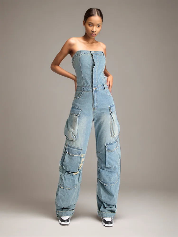 

Patchwork Pockets Streetwear Jumpsuits For Women Strapless Sleeveless Cold Shoulder High Waist Sexy Jumpsuit Female