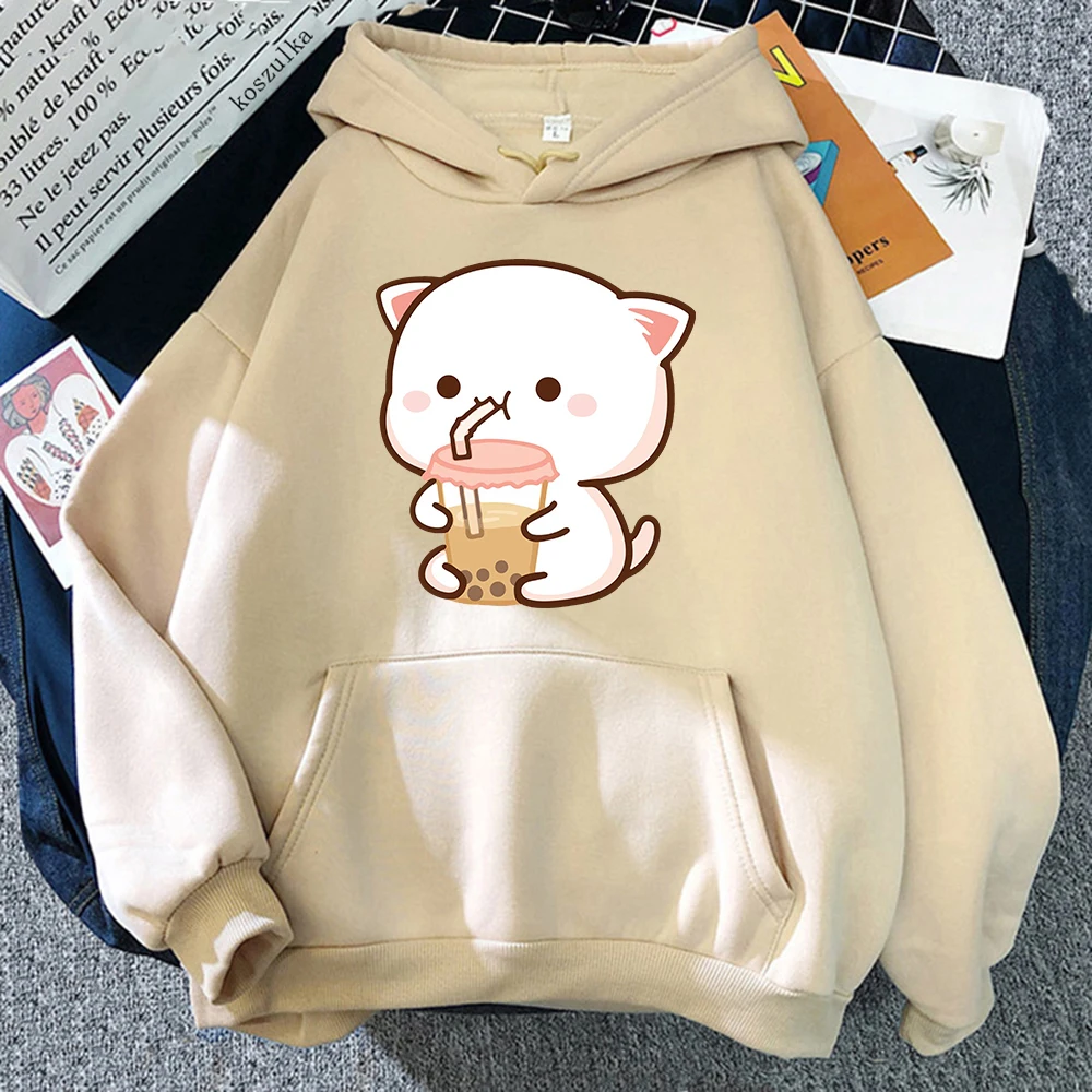 Women's Kangaroo Pocket Hoodie Peach and Rubber Cartoon Hoodies Girl Cat Drink Milk Tea Sweatshirt Autumn Winter Pullover