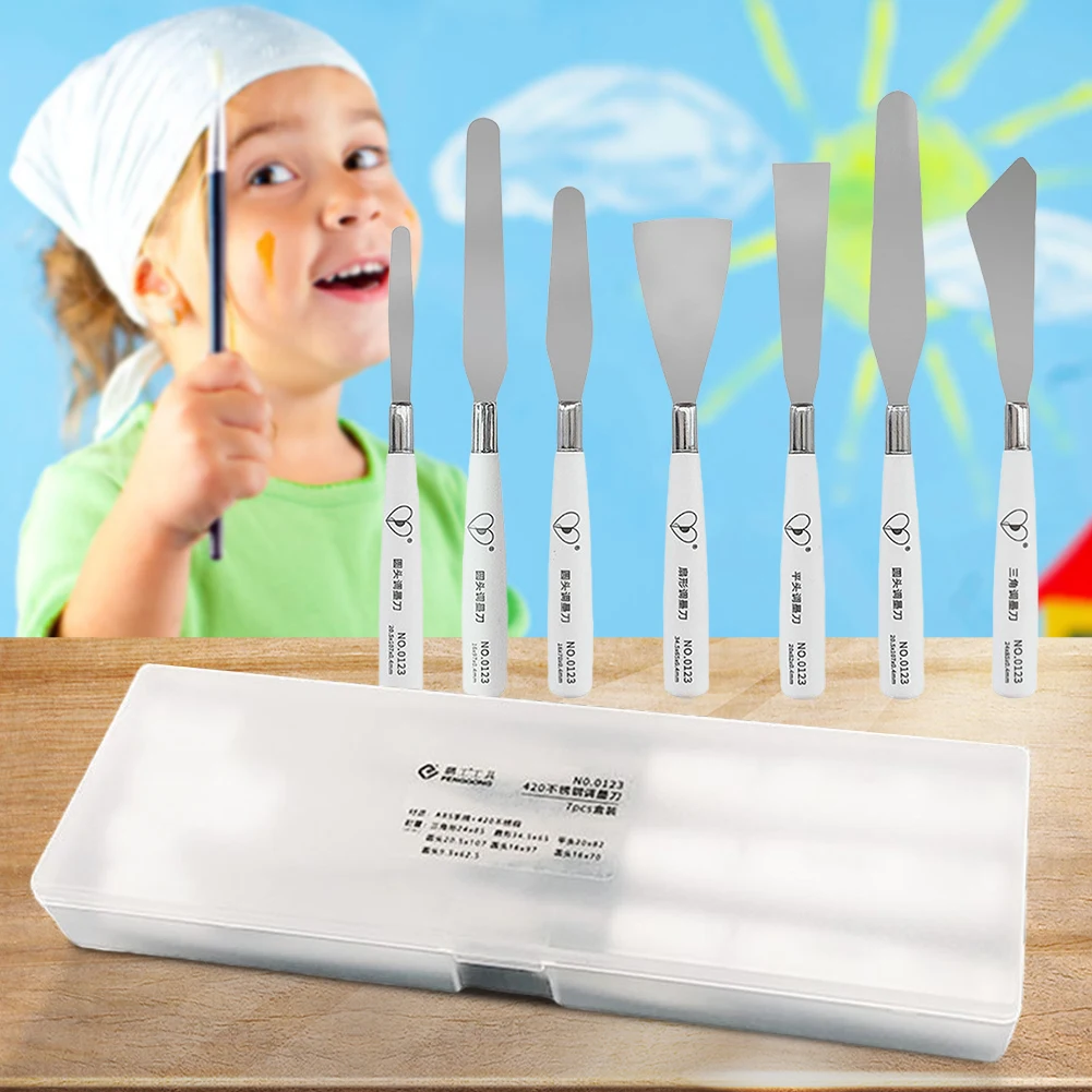 Cuchillo para pintura al óleo, paleta de pintura de acero inoxidable, juego de raspador de pintura al óleo, cuchillos de Metal, raspador de mezcla de colores, 7 Uds.