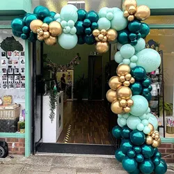 128Pcs Turquoise Blue Balloon Arch Garland Kit Double Stuffed Teal Macaron Green Chrome Gold Balloons Birthday Party Backdrop