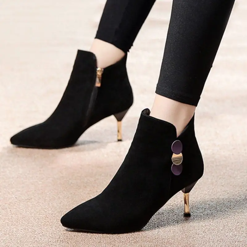 Autumn Winter Black Warm Booties Pointed Toe Heeled Ankle Boots for Women Comfortable and Elegant Woman Short Shoes on Promotion