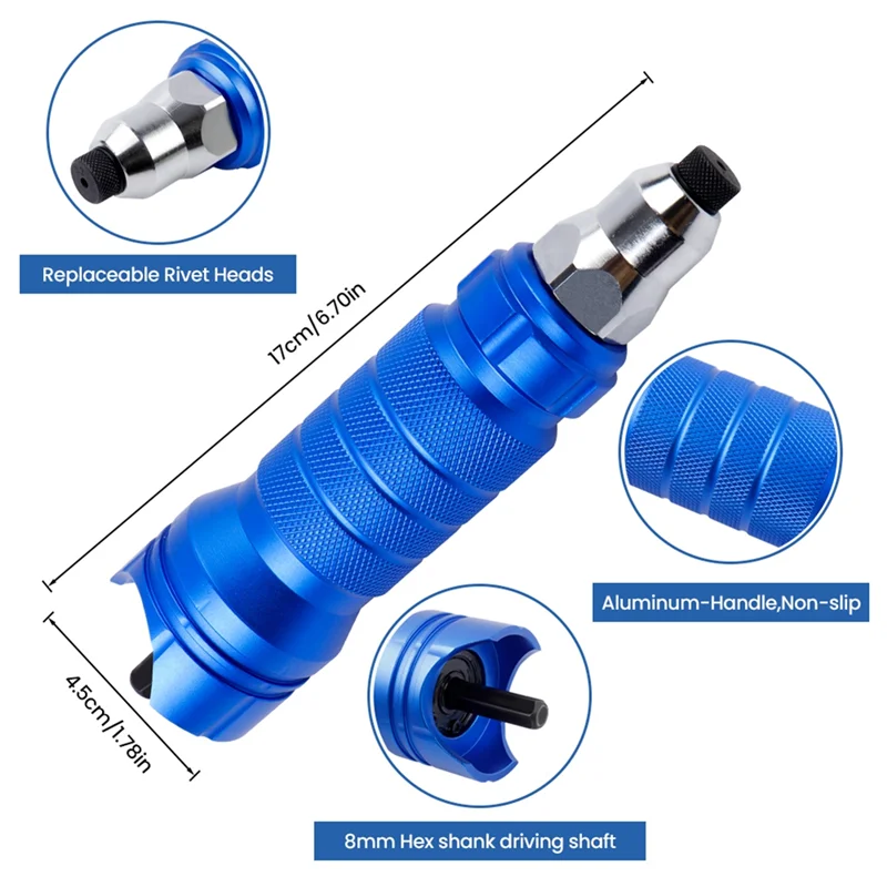 ABRW-Set di strumenti per pistola per dadi per rivetti elettrici a batteria in lega di alluminio Colore blu, 3/32", 1/8", 5/32", 1/4", ugelli con codolo esagonale fai da te