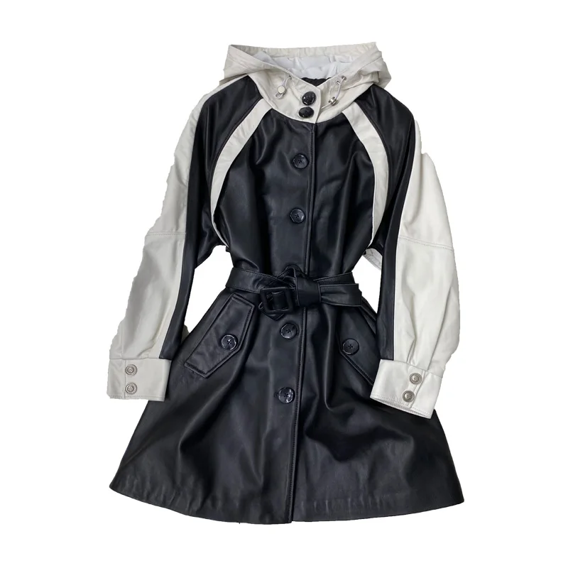 Lederen Capuchon Dames Jaet Bla Witte Kleur Blo Loose Fit Herfst Winter Nieuwe Sle Lange Sve Halflange Jas eepskin