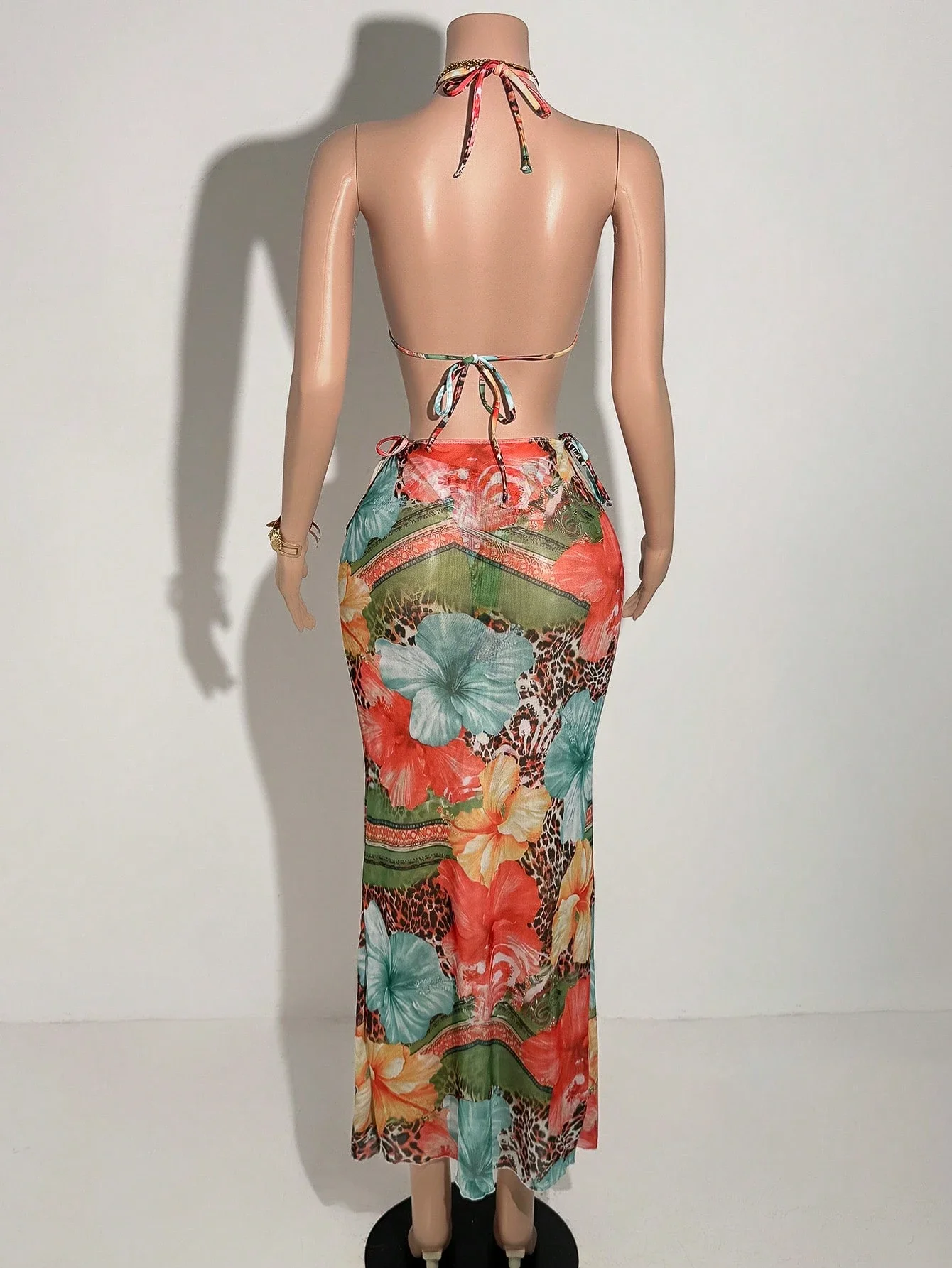 

Colorful Leopard Floral Print Sheer Mesh Bikini Set With Fish Tail Skirt Beach Party Swimwear