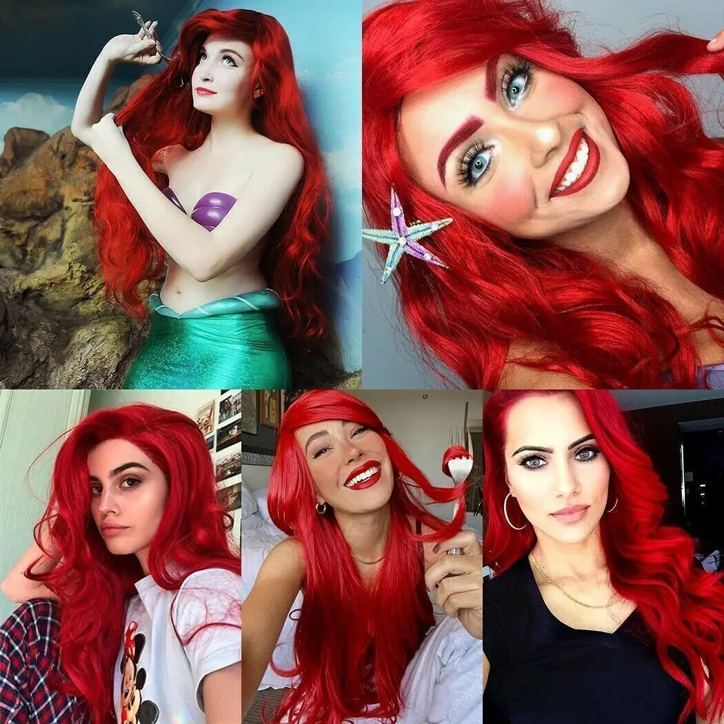 Long Red Wavy  for Women Cosplay Synthetic Natural Curly Hair with Bangs wig