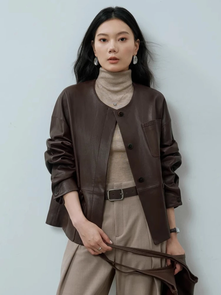 Vintage O-neck Genuine Leather Jackets for Women Spring Autumn 2025 New High-end Simple Single Breasted Soft Real Sheepskin Coat