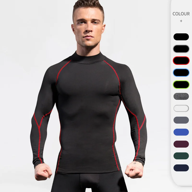 

Men high neck fitness long sleeve PRO sports running long sleeve T-shirt autumn winter elastic quick drying stand collar hoodie