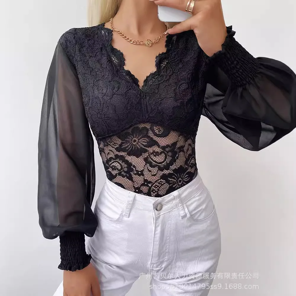 Tops Lantern Sleeve V Neck Lace Spliced Solid Pullover Women Clothing Shirts Slim Fit Slight Strech Tees Sexy Club Autumn