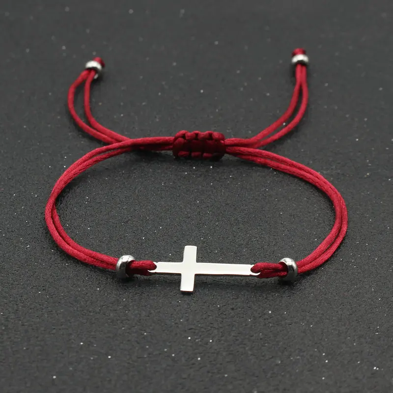 Stainless Steel Cross Charm Bracelet Simple Handmade Adjustable Red String Bracelets for Women Men Couple Lucky Jewelry Gift