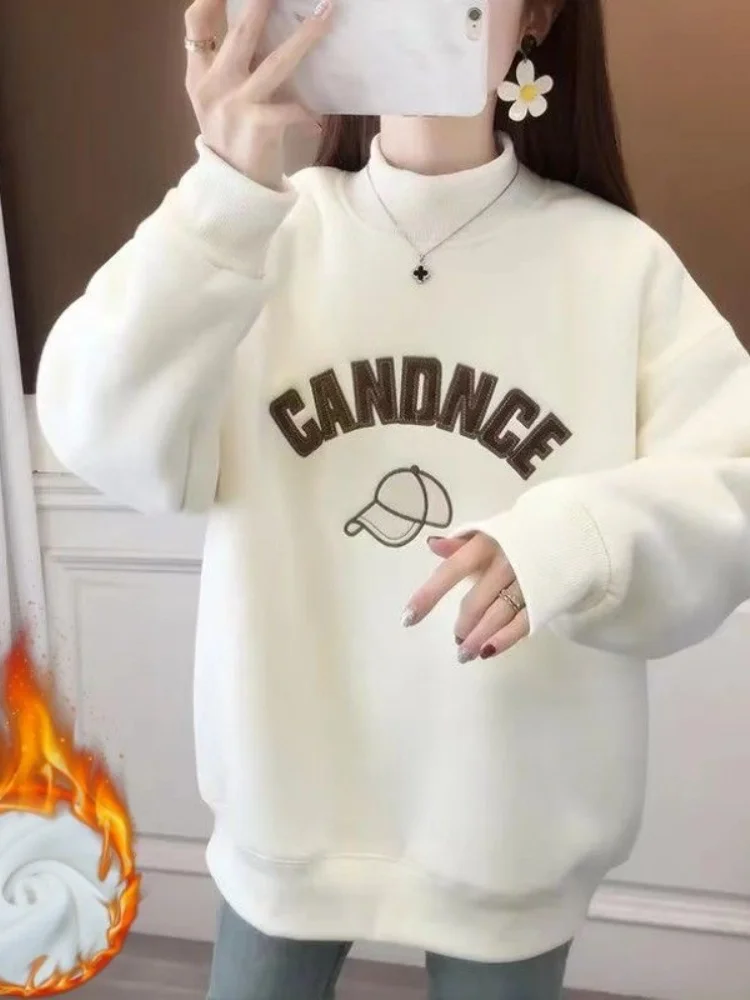 Women's round Neck Embroidered Sweatshirt Loose Fit Long Sleeve Casual Top White Outerwear Comfortable Breathable Autumn New ...