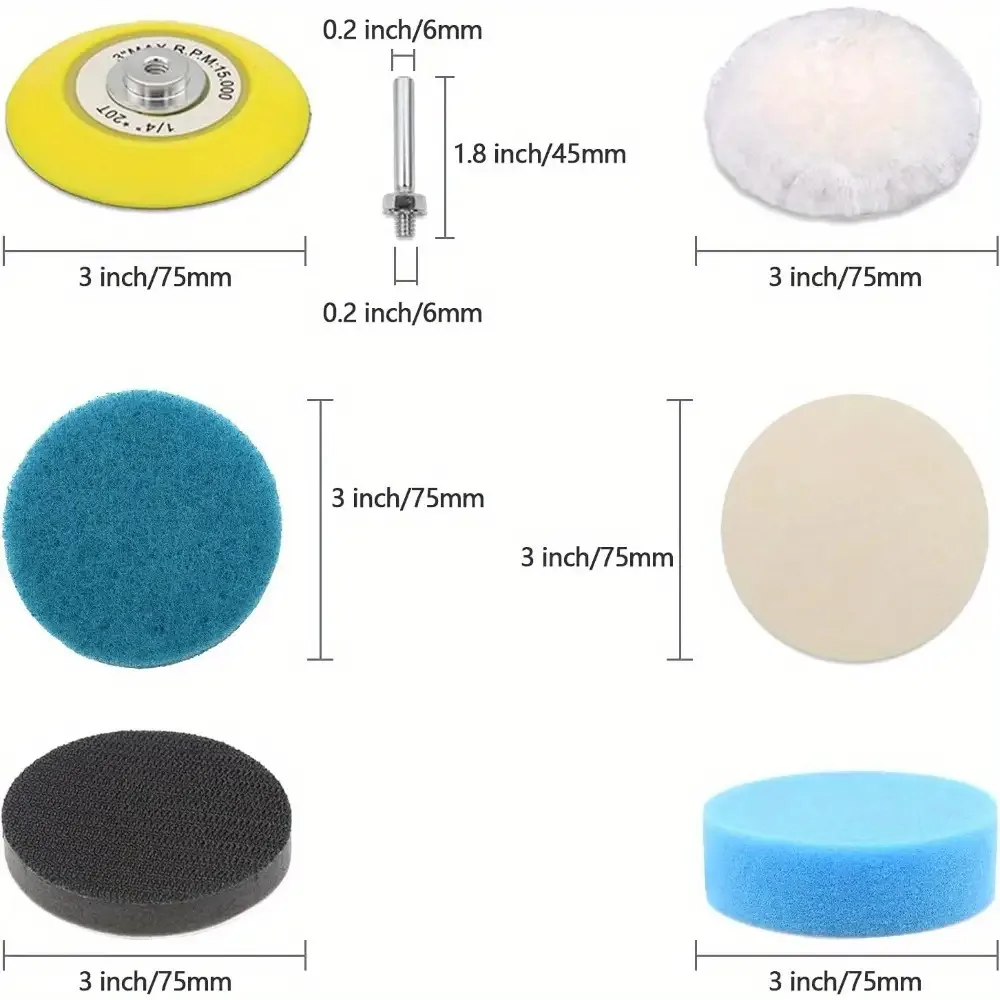 Car Headlight Restoration Kit, 3-Inch Car Polishing Sanding Discs, with 1/4-Inch Handle, Grinding Pads, Polishing Sponges, Soft