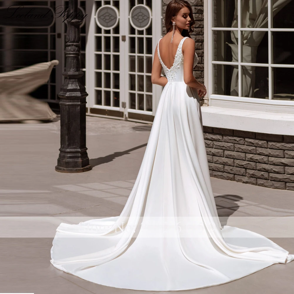 Lceland Poppy Customized A Line Satin Wedding Dresses Sleeveless Pearls Beaded V Back Bridal Gowns with Court Train