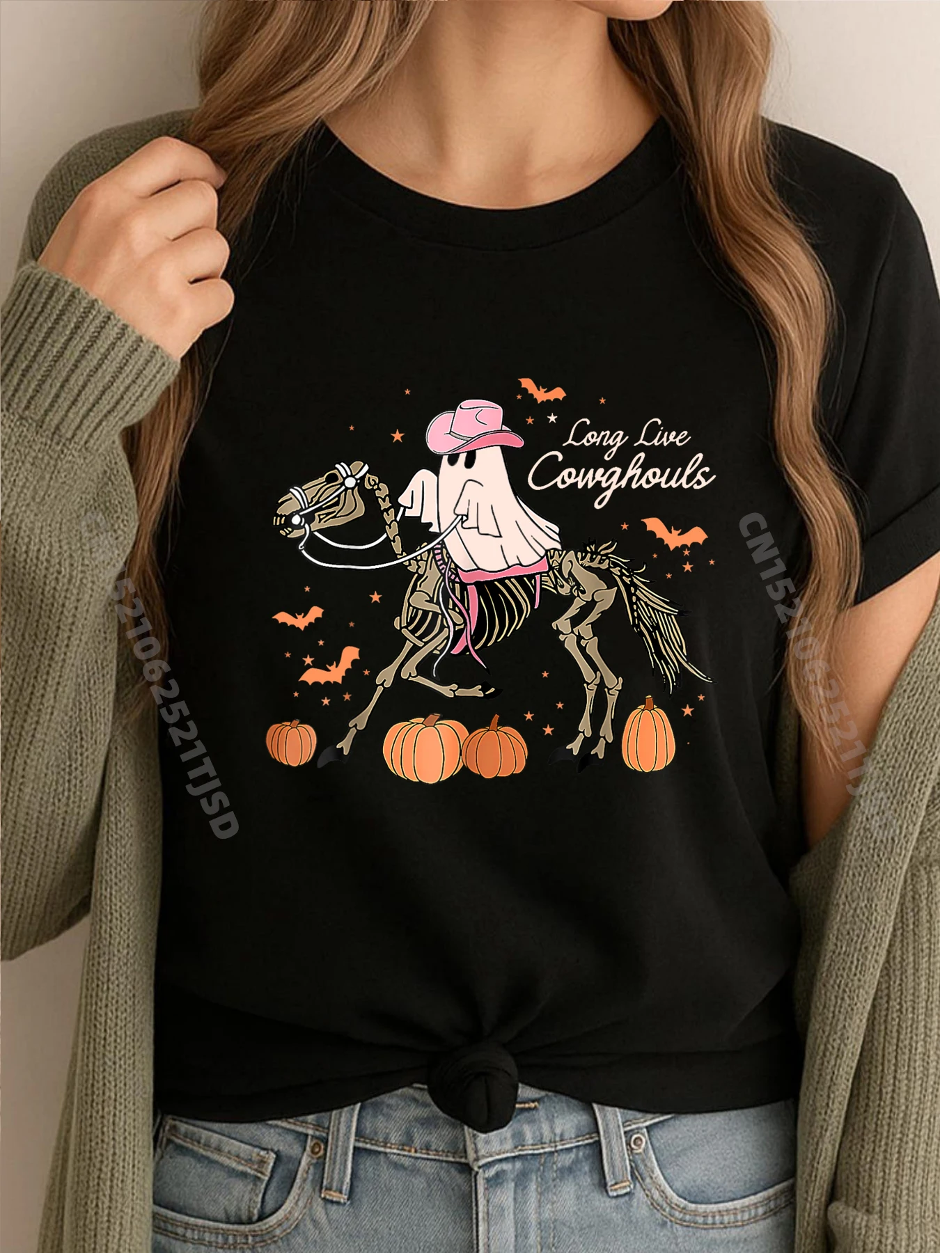 

Да здравствует Cowghouls Cowgirl Ghost Хэллоуин Западная страна Винтажные футболки Винтажные футболки Футболка для женщин День влюбленных