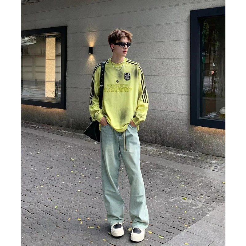 

Мужские летние свободные джинсы с расклешенными штанинами в американском стиле, прямые джинсы Clean Fit, молодежные модные длинные джинсы