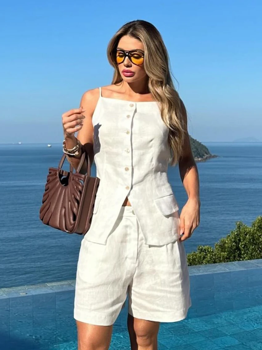 Marthaqiqi White Ladies Pajamas Set Spaghetti Strap Sleepwear Sleeveless Nightgown Backless Nightwear Shorts Female Nightie Suit