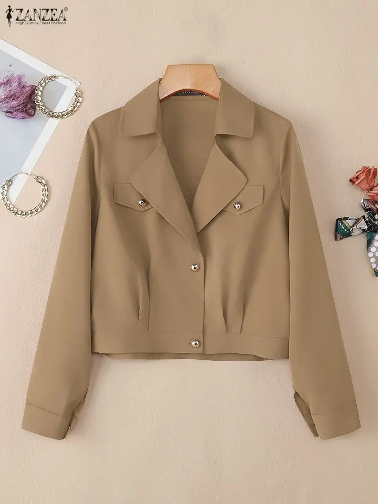 Kardigan damski ZANZEA na jesień 2025, elegancki płaszcz do biura, stylowa koszula z kołnierzykiem, długi rękaw, zapinana na guziki, cienka, jednolita.