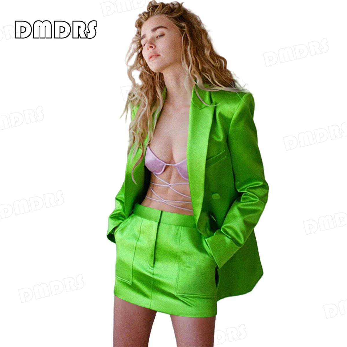 Conjunto de traje elegante de satén de 2 piezas para mujer, chaqueta con muescas largas y doble botonadura con minifalda, traje de colores personalizados de calle alta