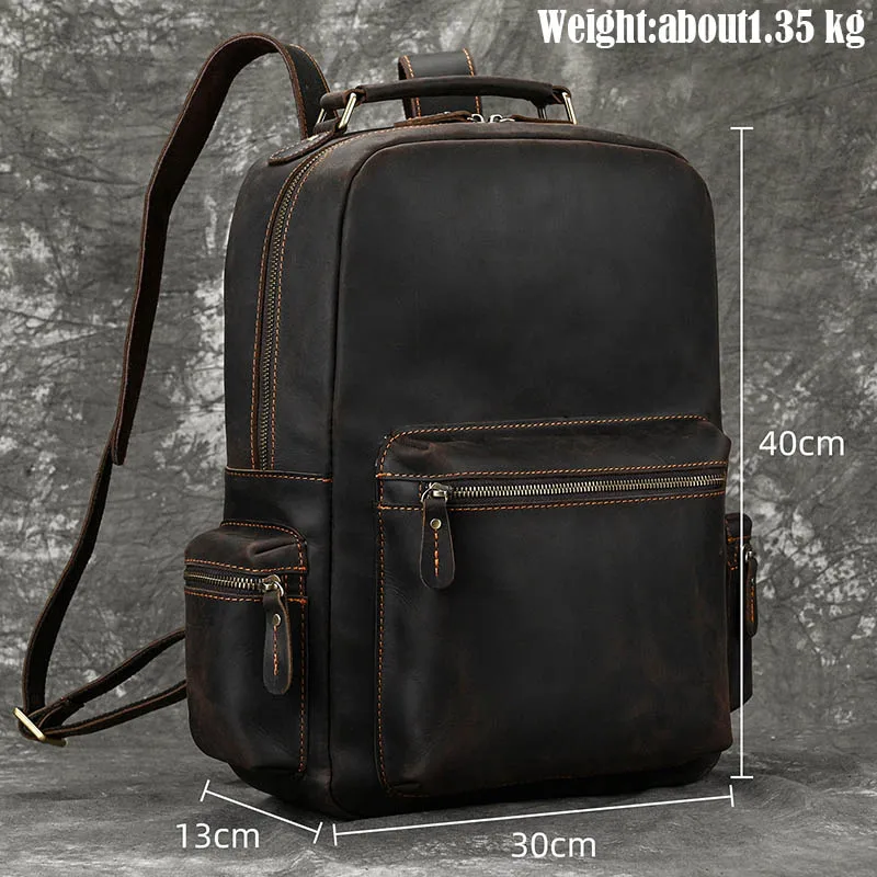 

Crazy Horse Genuine Leather Men Backpack Vintage Cow Leather Women Daypack 14" Laptop School Bags Casual Thick Travel Rucksack