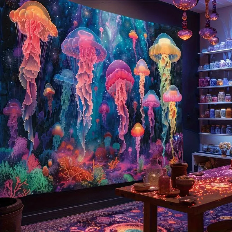 VIKAMA Fantasy Jellyfish Wall Hanging Glowing Ocean Art For Dorm Living Room Dreamy Colorful Aesthetic Background Home Decor