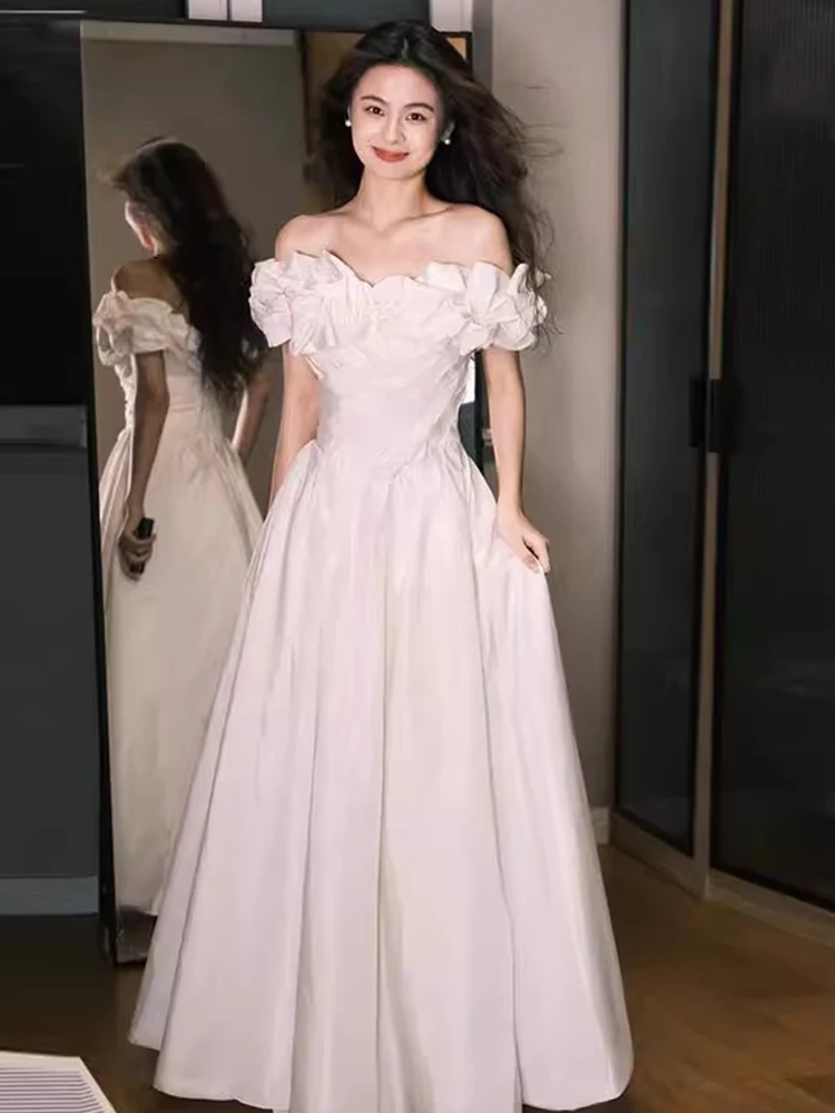 

Элегантное женское платье на одно плечо для свадьбы, дня рождения, торжественных мероприятий, белое, простое, длинное, А-силуэт, юбка-миди