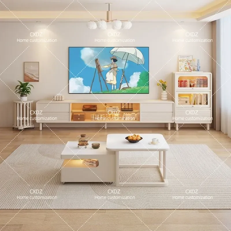 Zoshton Cream Style Tall TV Cabinet Modern Simple Wood Storage Unit for Small Apartment Living Room Home Furniture