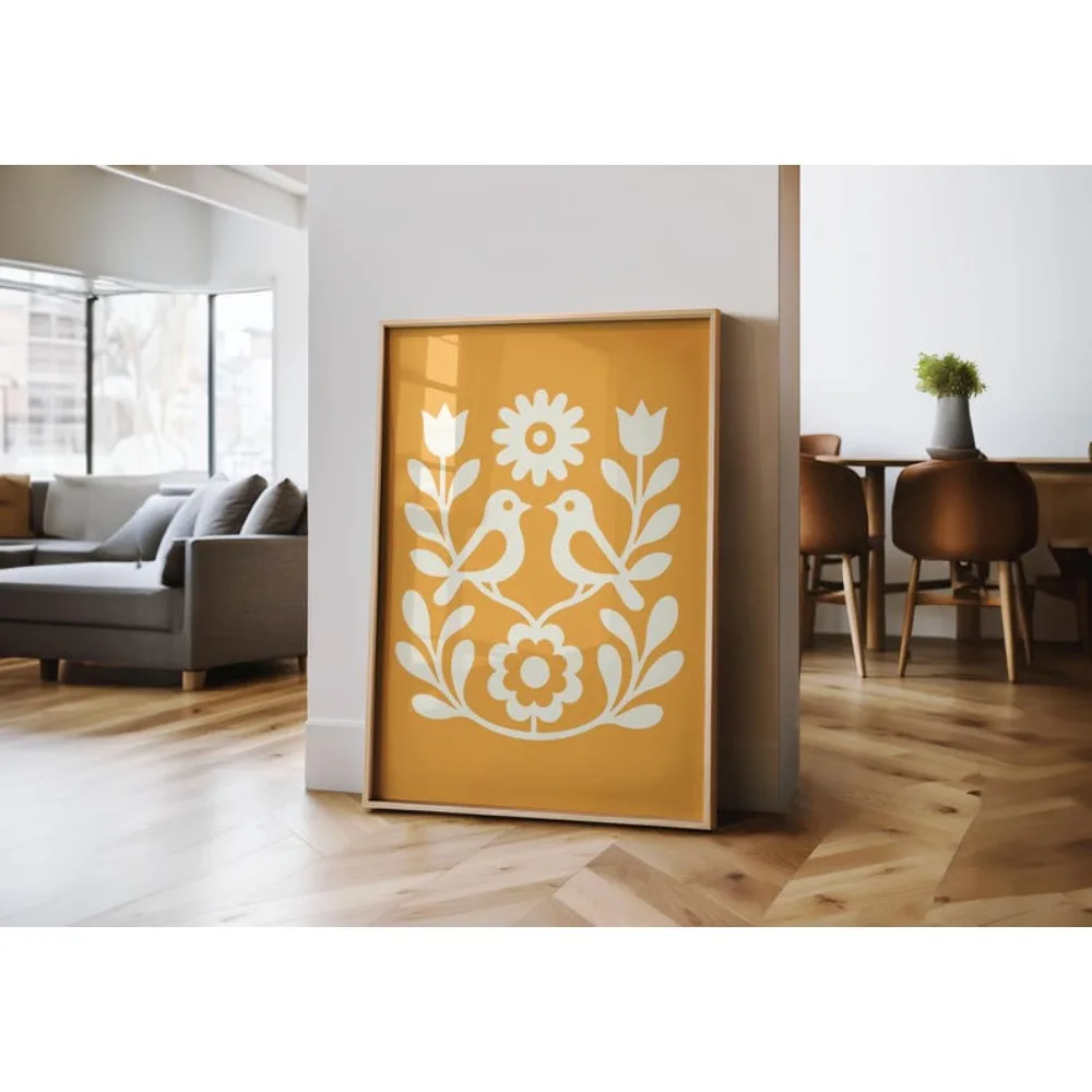 1pc Frameless Yellow and White Scandinavian Bird Art, Modern Floral Folk Art on The Wall of Nordic, Comfortable Farmhouse Decor