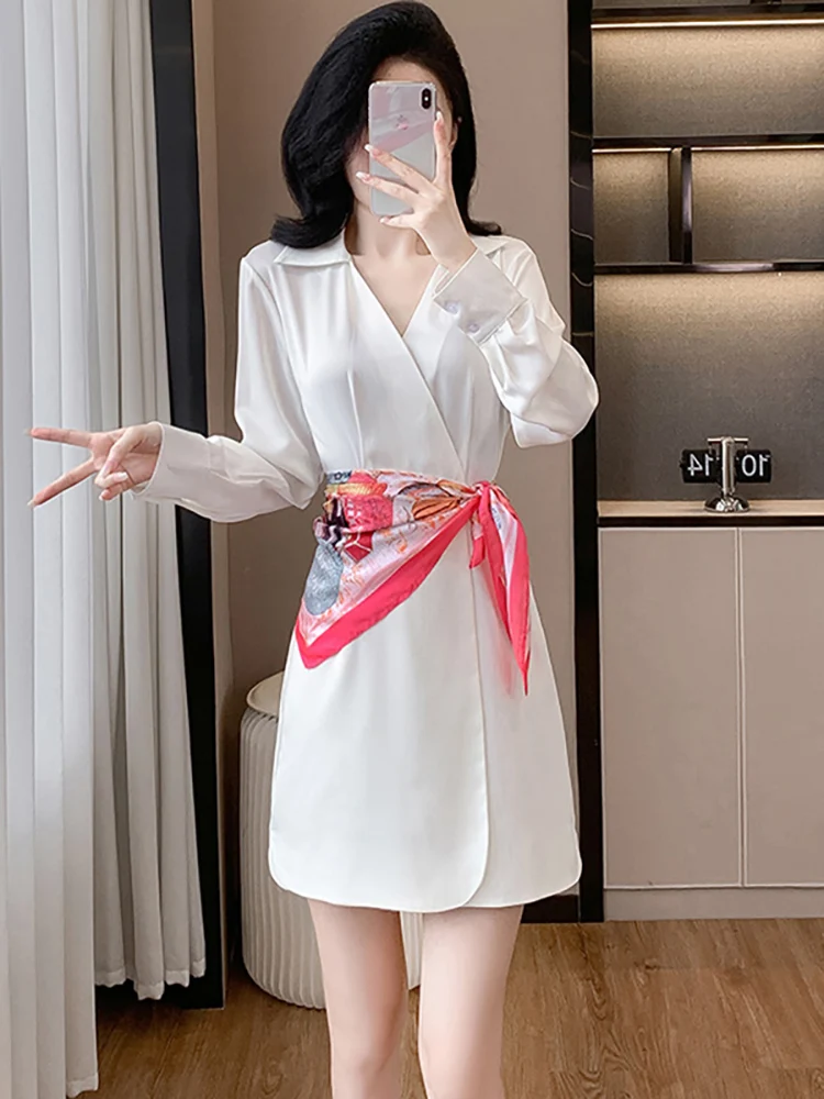 Frühling Herbst Weiß Langarm Chic Hemd Kleid Frauen Elegante Bandage Kurzes Kleid 2025, Koreanische Mode Bodycon Chic Party Kleid