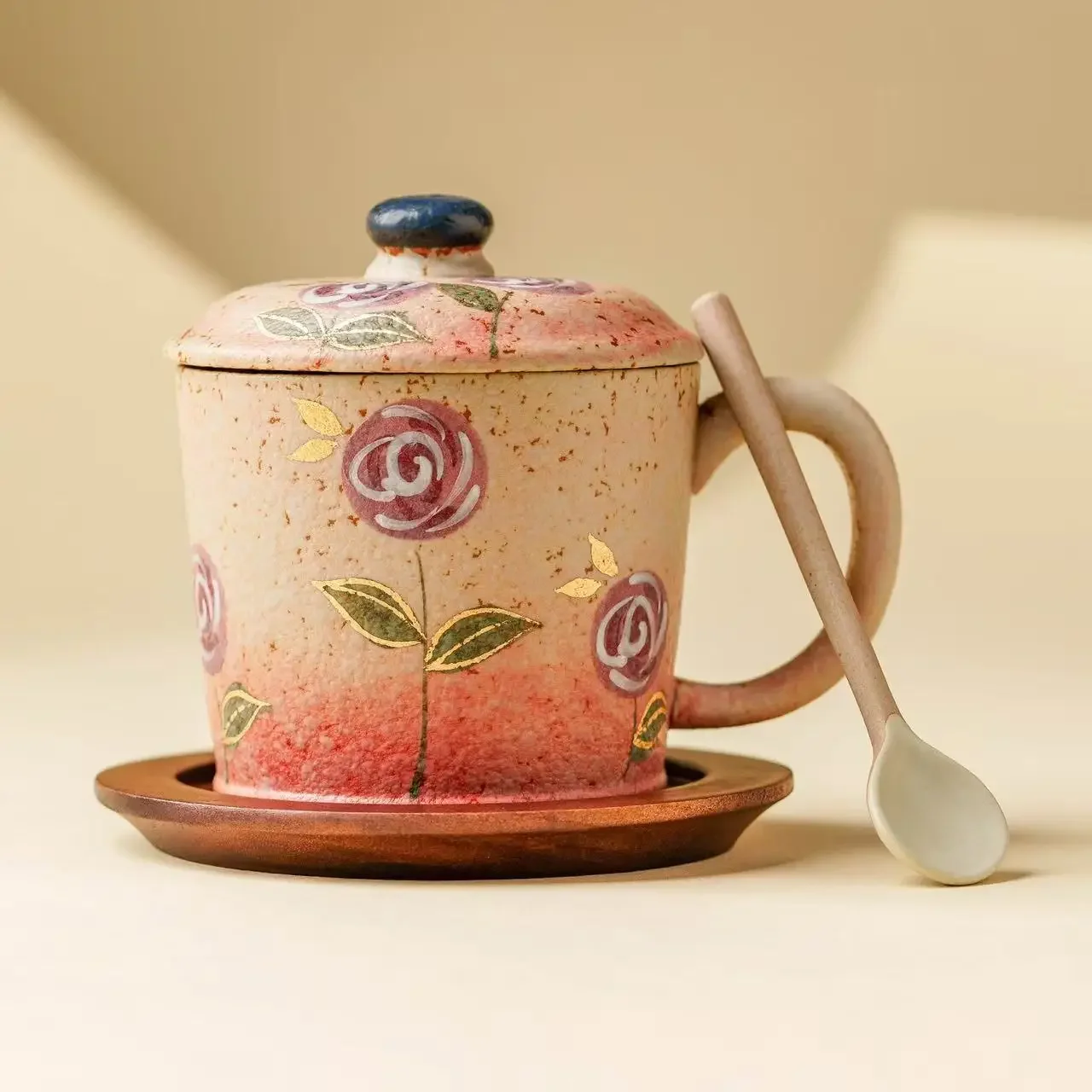 230ML Blue and White Flint Red Coffee Cup Women's Personal Ceramic Afternoon Tea Drinking Cup Hand-painted Rose Latte Cup Gift