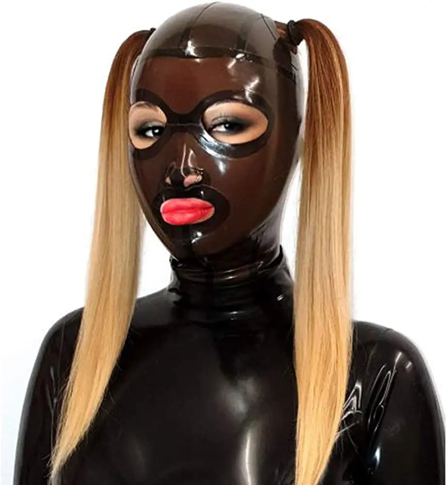 Latex Hood Mask Holiday Rubber Full Face Mask Open Eyes Double Holed Ponytail Latex Mask