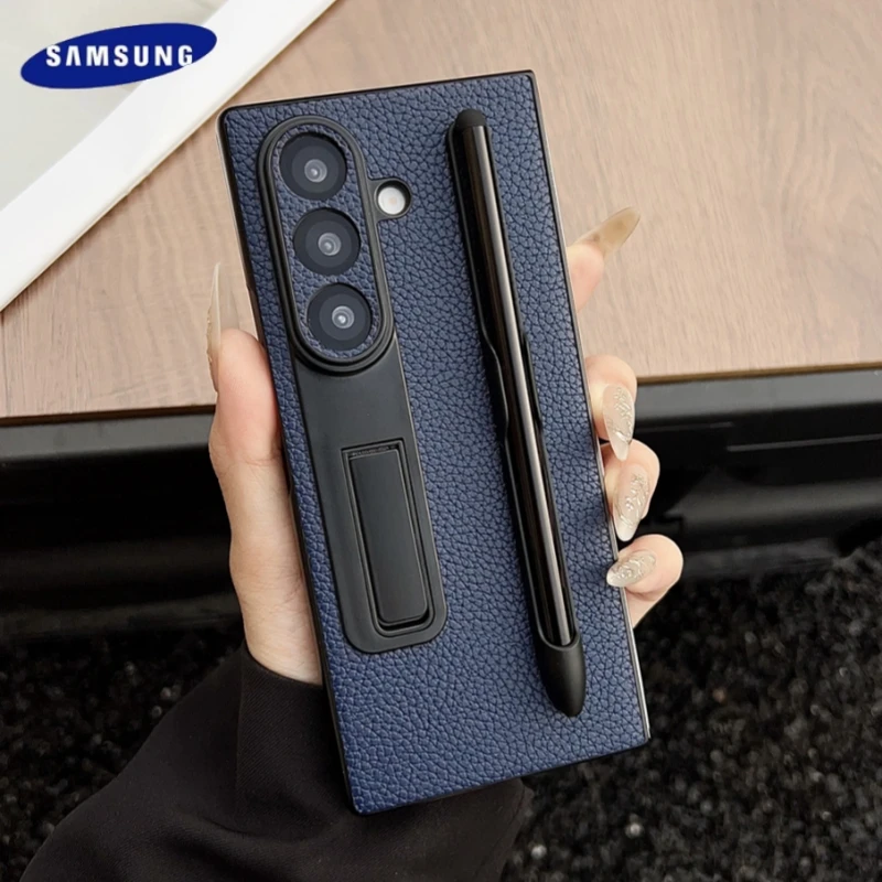 Mode Lychee textuur met pensleuf hoesje voor Samsung Galaxy Z Fold 7 6 5 PU mat lederen patroon cover schokbestendige luxe cover