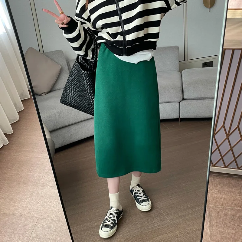 

Удобная эластичная длинная юбка с высокой талией, утепленная, в корейском стиле, однотонная, повседневная, с разрезом, облегающая фигуру