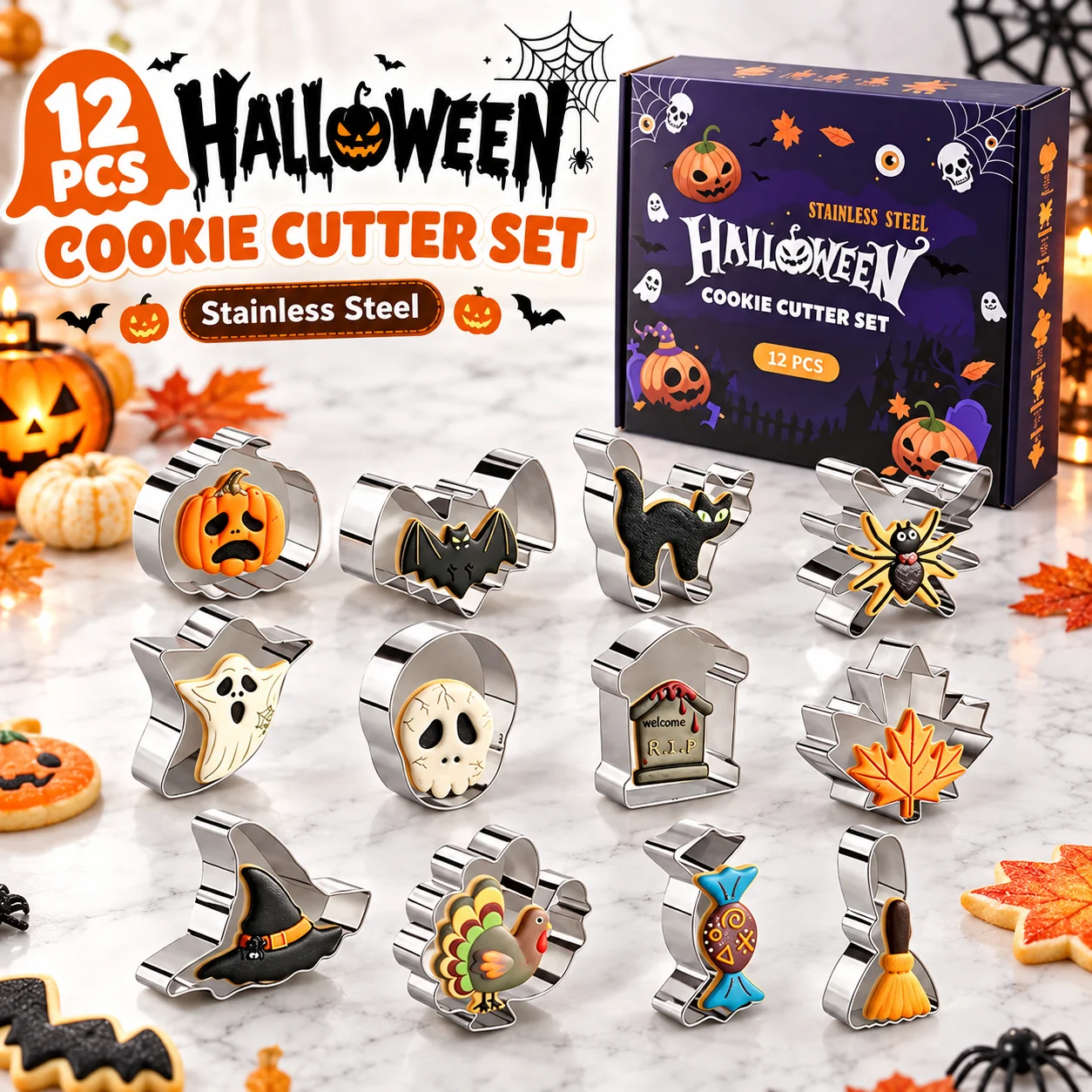 12PCS Halloween Cookie Cutter Set Food-Safe Stainless Steel Pumpkin Bat Ghost Cutters for Biscuit Fondant Home DIY Baking Party