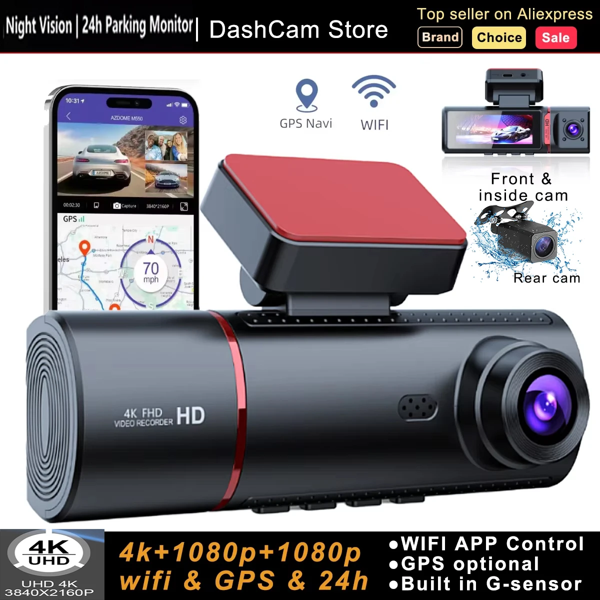 كاميرا داش 4K 3 قنوات، نظام تحديد المواقع المدمج واي فاي 5 جيجا هرتز مع بطاقة 64 جيجا بايت 2160P + 1080P + 1080P كاميرا سيارة ثلاثية أمامية وخلفية داخلية مع 3