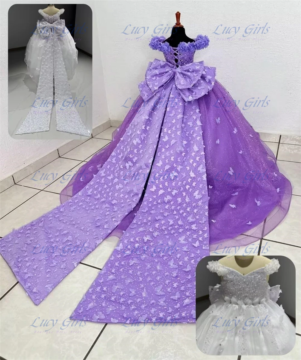 

Quality Gorgeous Girls Bow Pageant Dresses Exquisite Sequin 3D Butterfly Flower Girl Dress Beaded Crystal First Communion Dress
