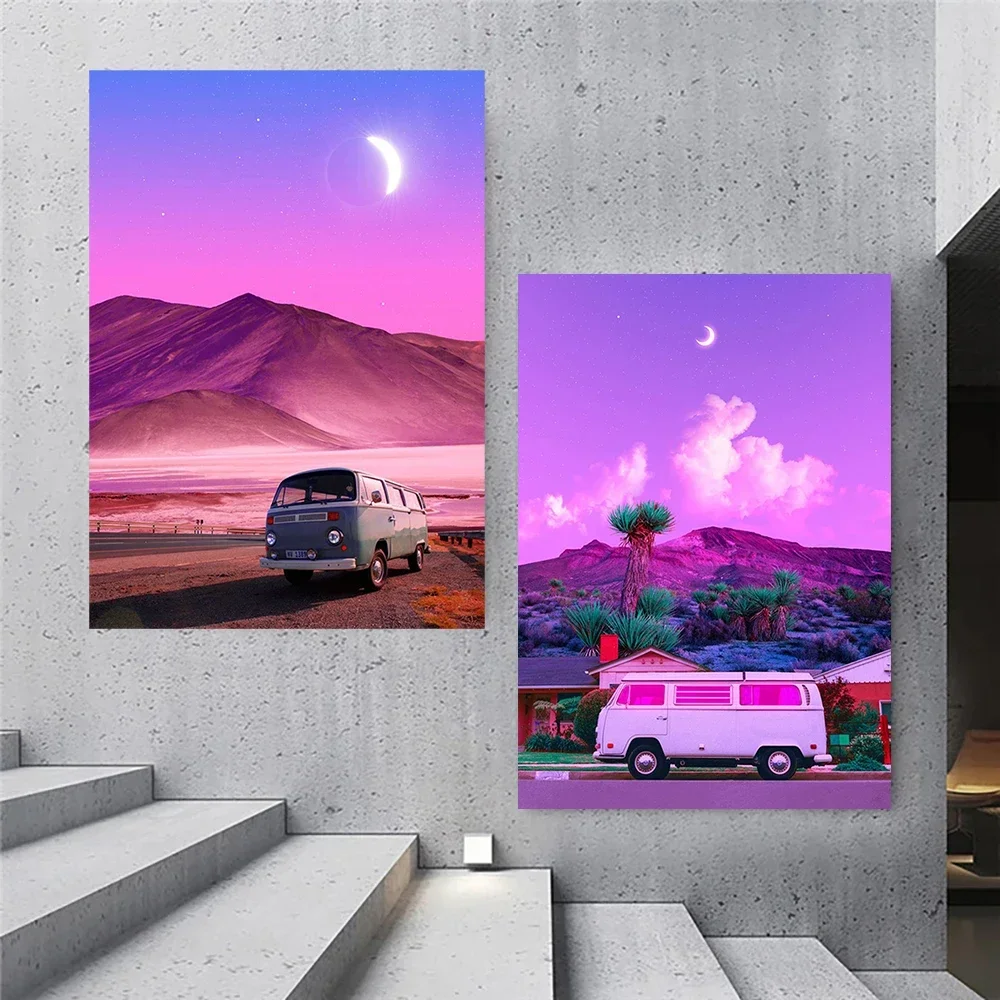 Affiches et tableaux sur toile d'art mural minimaliste sur le thème du tourisme, de la nuit, du néon, des rues urbaines, des voyages, des voitures des années 80, des bus touristiques, de la lune et de la plage pour la décoration intérieure