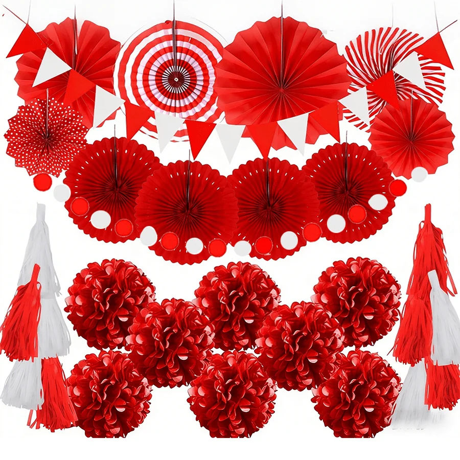 Party Decorations, Red Paper Fans Pompoms Garlands Tissue Tassel for Graduation, New Year, Spring Festival, Wedding, Shower