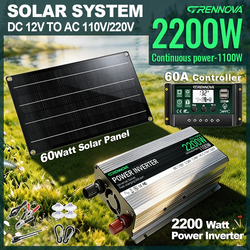 Grennova 2200W Heavy Duty Solar System Kit Controller Real Power 12V To110V/220V Inverter 60W Panel MPPT Camping/RV/Boat/Home