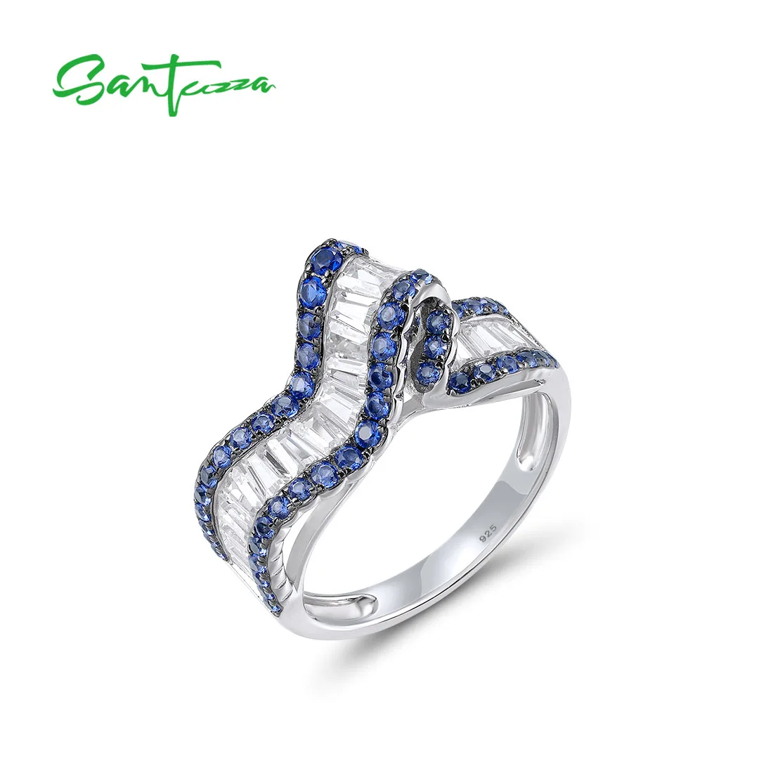

SANTUZZA Silver Rings For Women 925 Sterling Silver Sparkling Synthetic Blue Spinel White CZ Elegant Wave Design Fine Jewelry