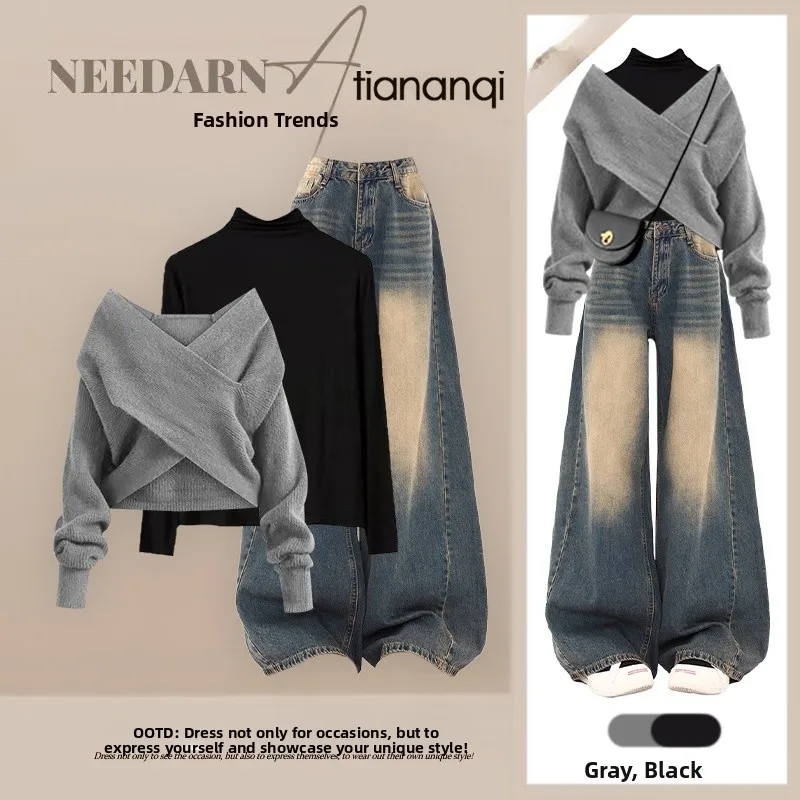 

Fall Fashionable Lazy Style Knitted Sweater Slimming Base Layer Top High Waist Jeans Three Piece Set Anti-Aging Trendy Outfit