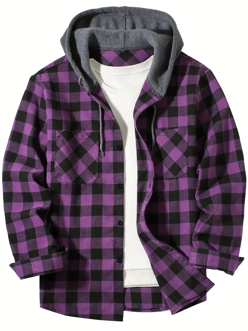 Men\'s Shirts Classic Plaid Casual Button Down Hooded Long Sleeved Double Pockets Shirt Hoodie Jacket Spring Autumn Tops