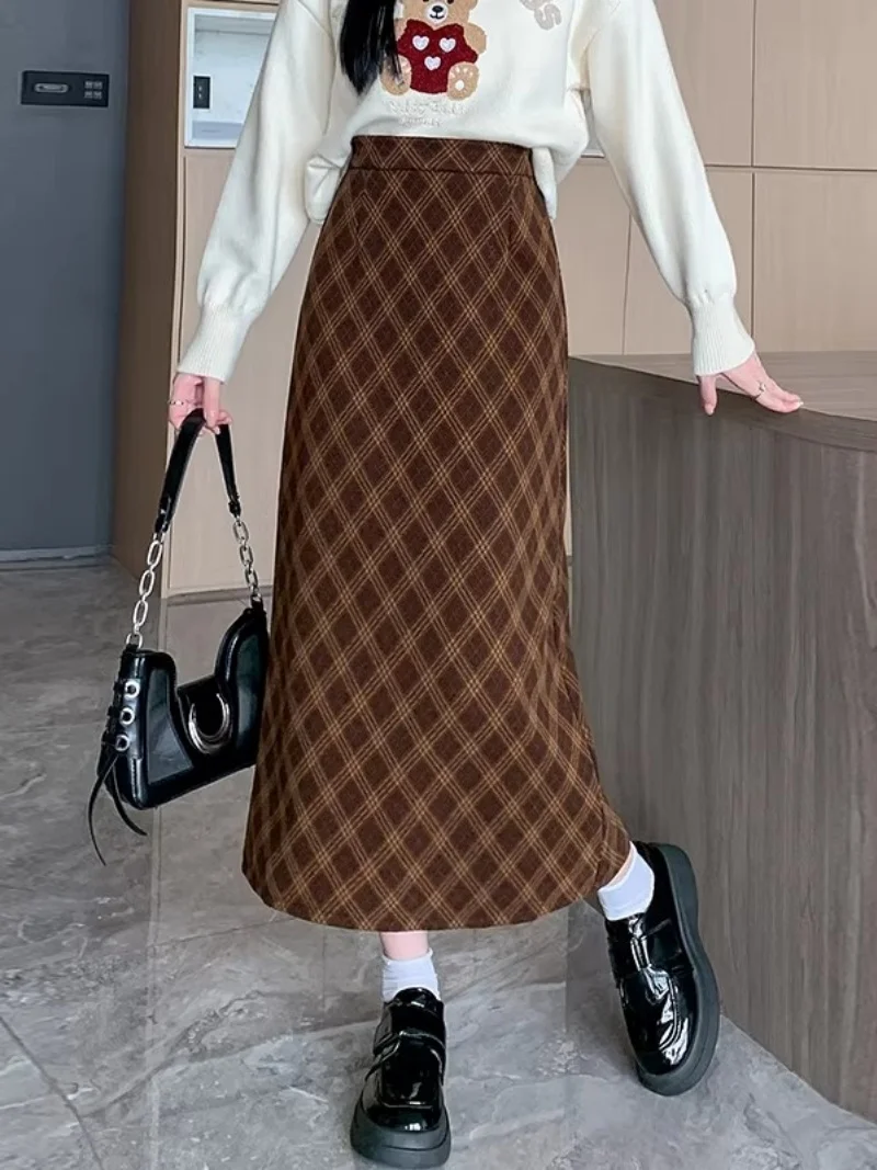 

Женская шерстяная юбка в клетку в стиле ретро, трапециевидная юбка средней длины, новая мода с высокой талией, осень-зима-весна, повседневная винтажная теплая юбка