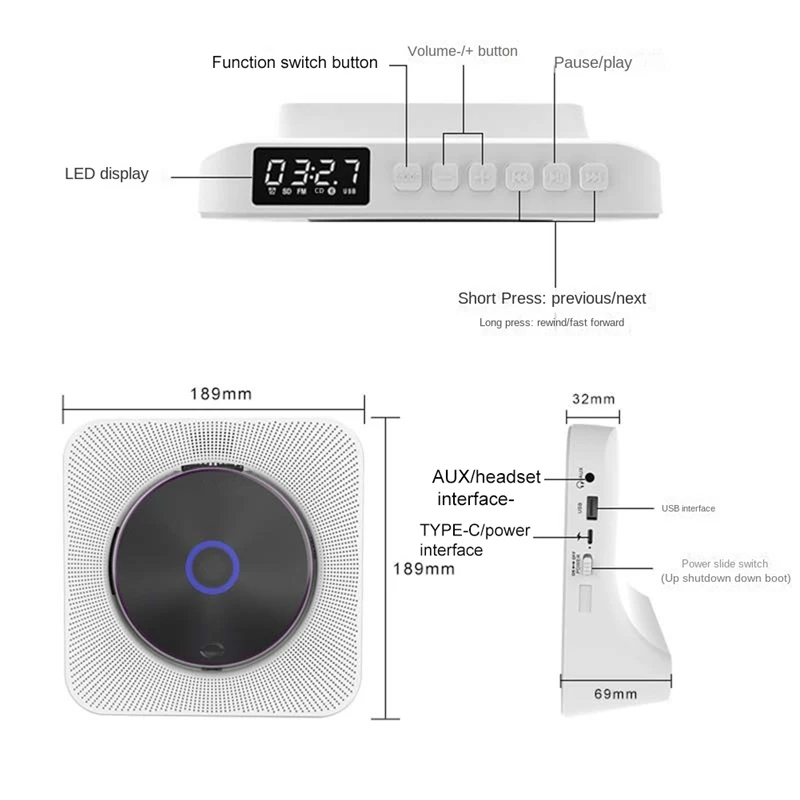 Home CD Player LCD Display CD Player Compatible Fm Radio Wall Mountable Retro Portable Audio Music Disc Album Player