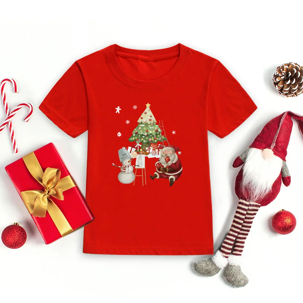 Christmas Tree and Santa Claus Printed Kids T-shirt Christmas Toddler Round Neck Tops Xmas Holiday Short Sleeve Tee Outfits