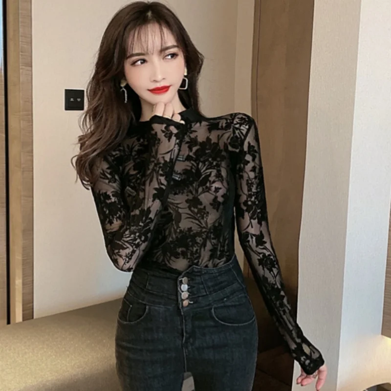 Shirts and Blouses Fashion Lace Woman 2024 Long Sleeve Slim Chinese Turtleneck Black Sexy Top for Women See Through Y2k 11350